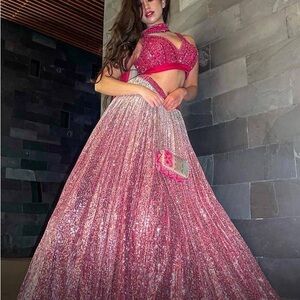 Sparkling Pink Sequin Lehenga Set - Party Outfit
